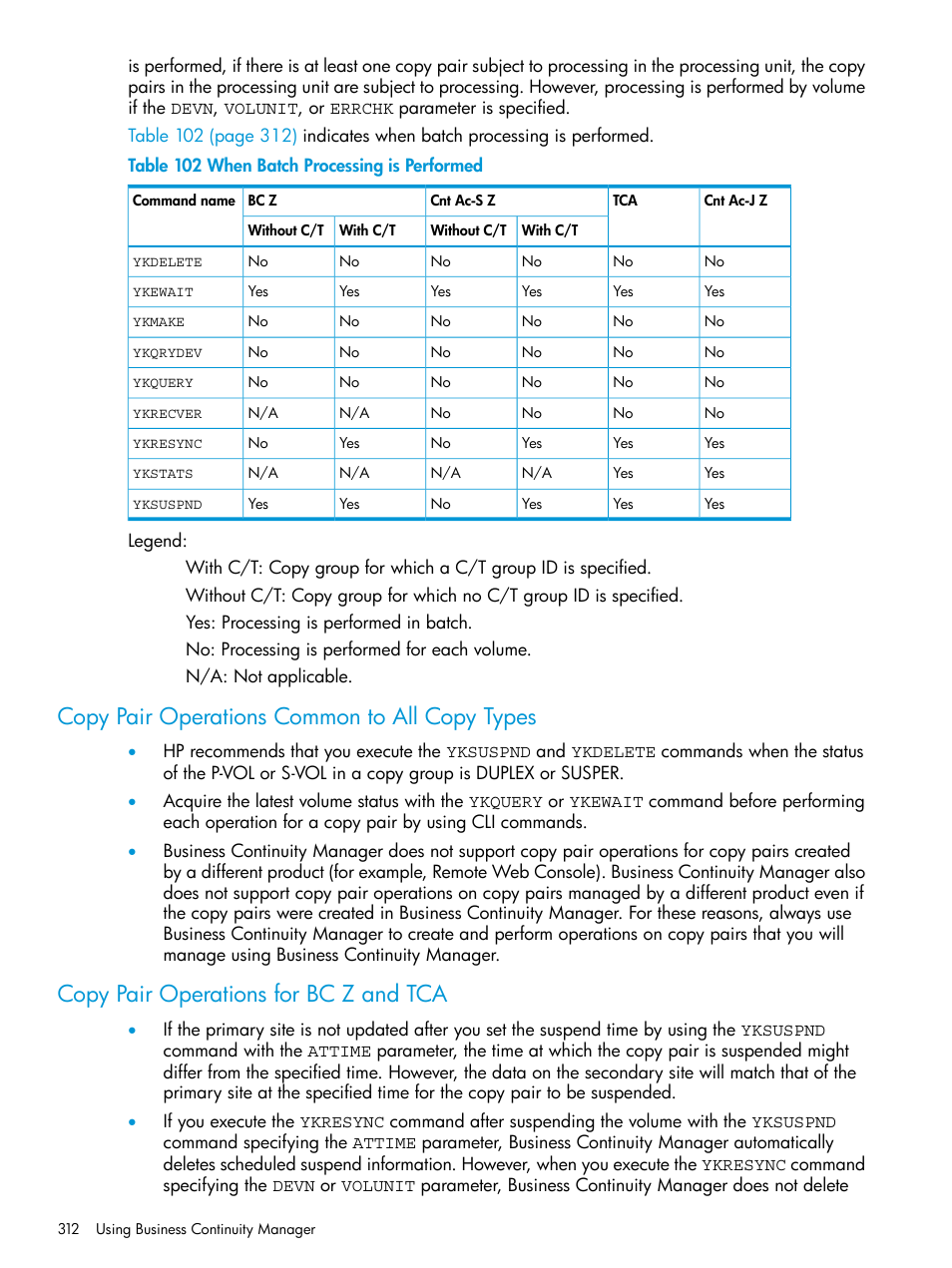 Copy pair operations common to all copy types, Copy pair operations for bc z and tca | HP XP Racks User Manual | Page 312 / 764