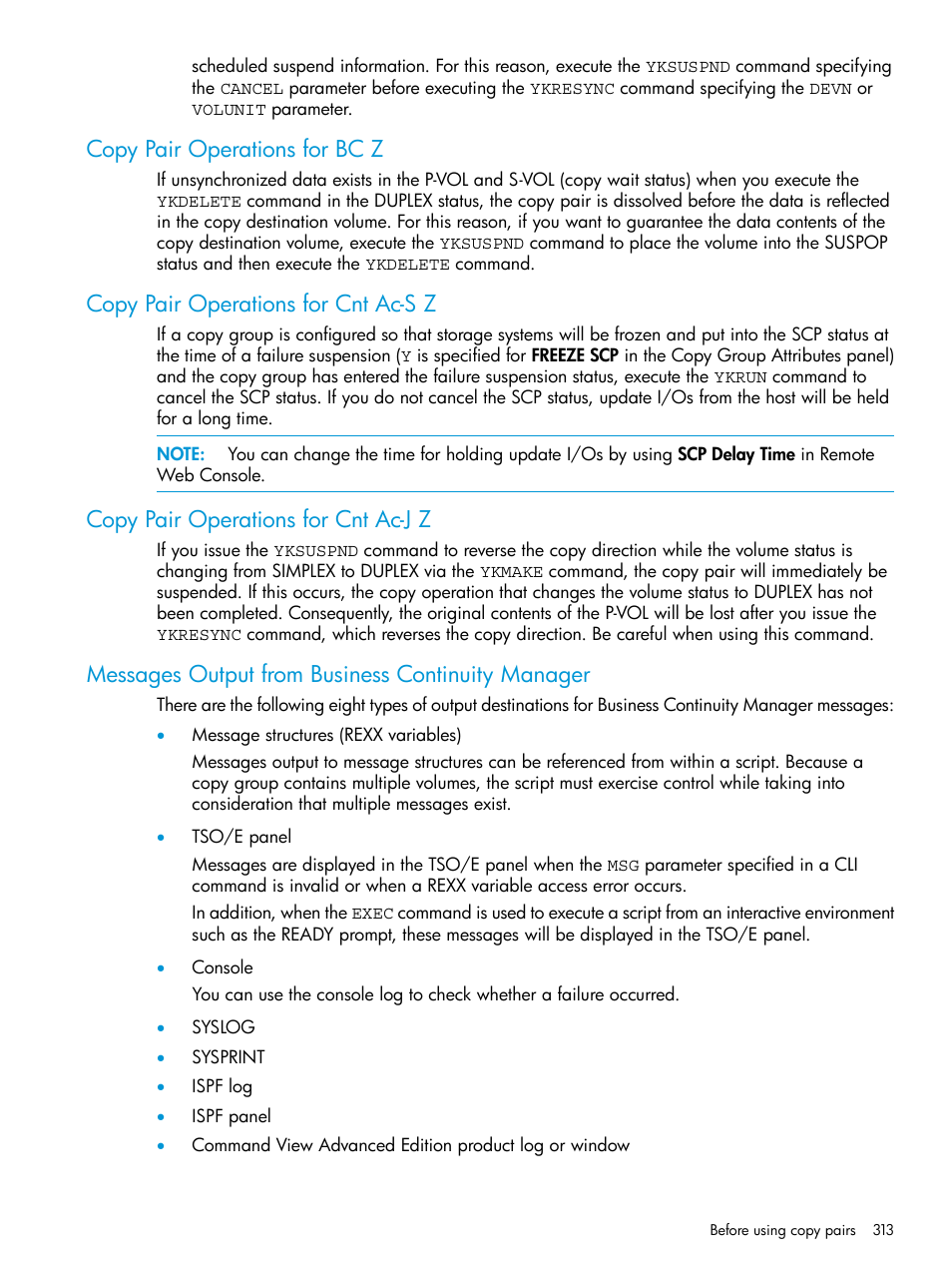 Copy pair operations for bc z, Copy pair operations for cnt ac-s z, Copy pair operations for cnt ac-j z | Messages output from business continuity manager | HP XP Racks User Manual | Page 313 / 764