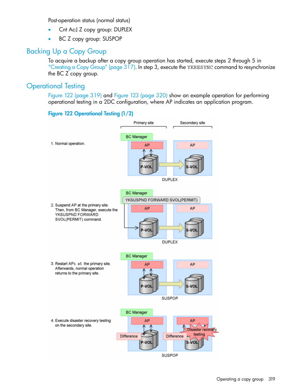 Backing up a copy group, Operational testing, Backing up a copy group operational testing | HP XP Racks User Manual | Page 319 / 764