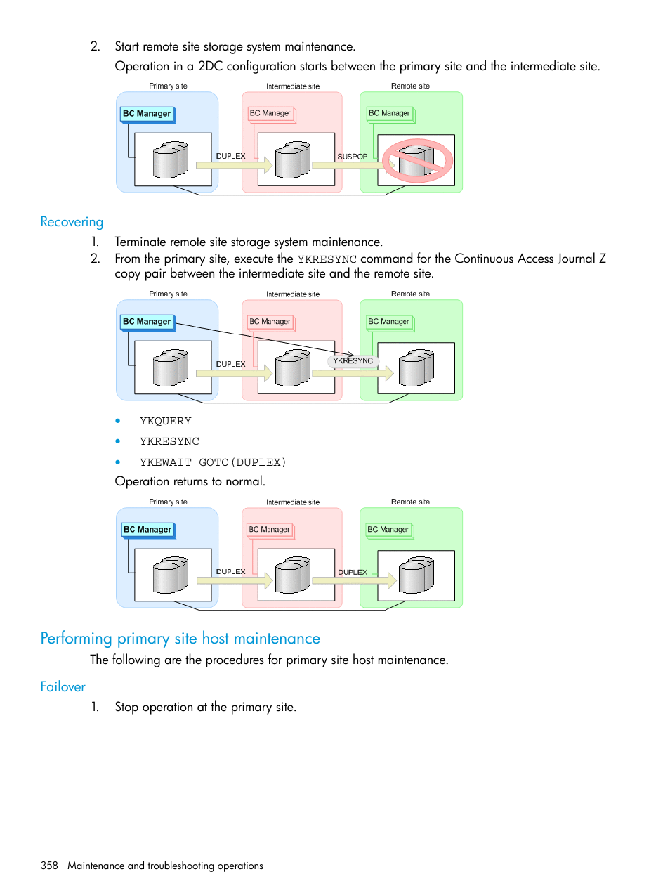 Recovering, Performing primary site host maintenance, Failover | HP XP Racks User Manual | Page 358 / 764