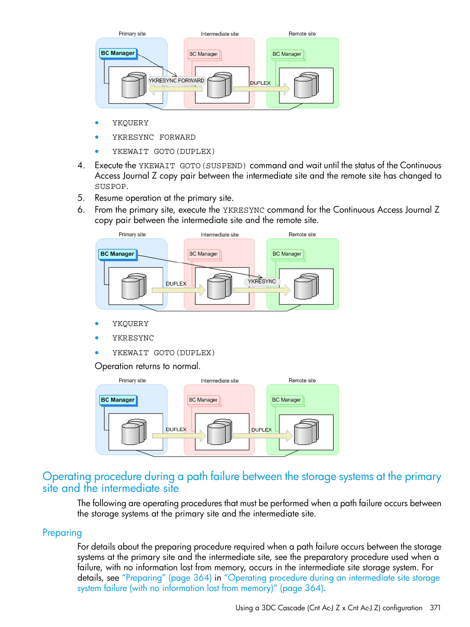 Preparing, Operating procedure during a path failure, Between the storage systems | HP XP Racks User Manual | Page 371 / 764