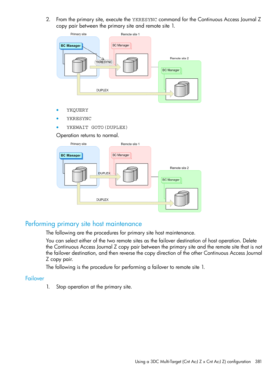 Performing primary site host maintenance, Failover | HP XP Racks User Manual | Page 381 / 764