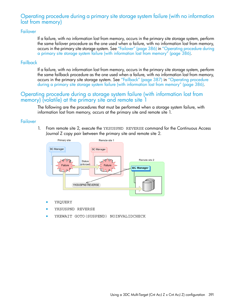 Failover, Failback, Failover failback | Operating procedure during a primary site storage, Operating procedure during a storage system, Failure (with information lost, From memory) (volatile) at | HP XP Racks User Manual | Page 391 / 764