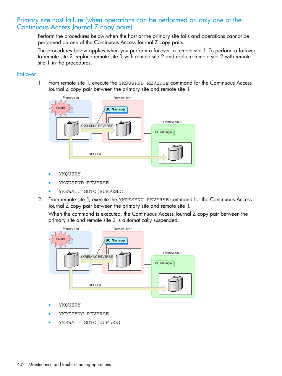 Failover, Primary site host failure (when operations can be, Performed on only one of | The continuous access | HP XP Racks User Manual | Page 402 / 764