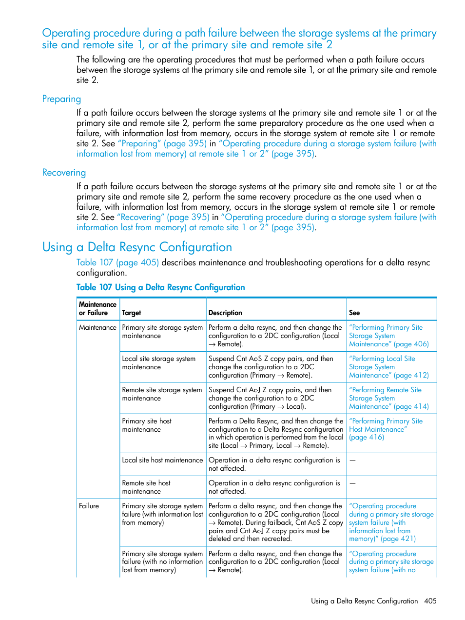 Preparing, Recovering, Using a delta resync configuration | Preparing recovering, Operating procedure during a path failure, Between the storage systems | HP XP Racks User Manual | Page 405 / 764