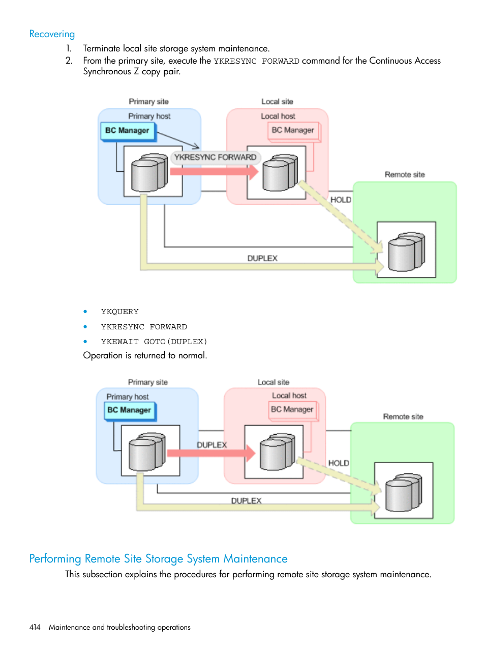 Recovering, Performing remote site storage system maintenance | HP XP Racks User Manual | Page 414 / 764