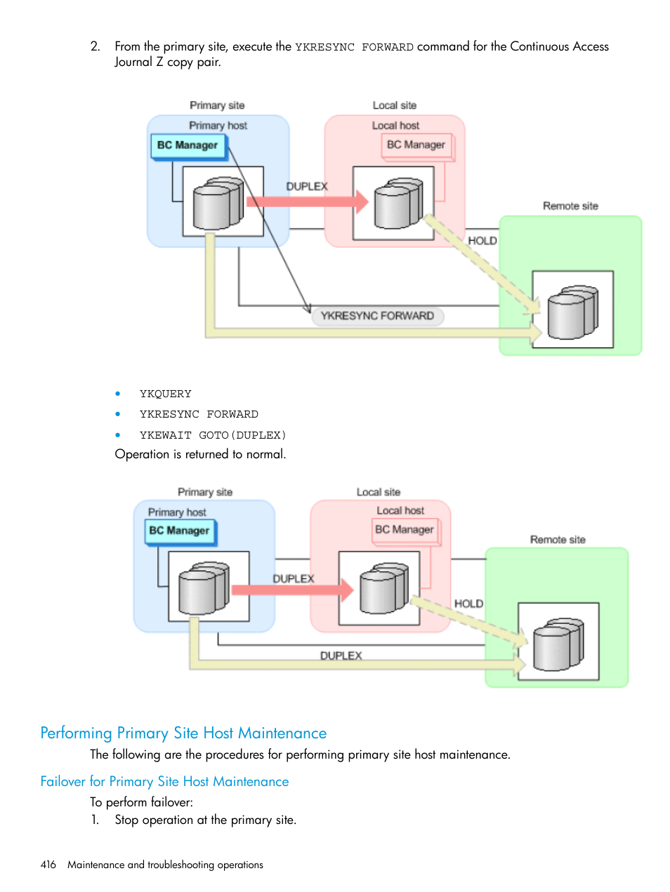 Performing primary site host maintenance, Failover for primary site host maintenance | HP XP Racks User Manual | Page 416 / 764