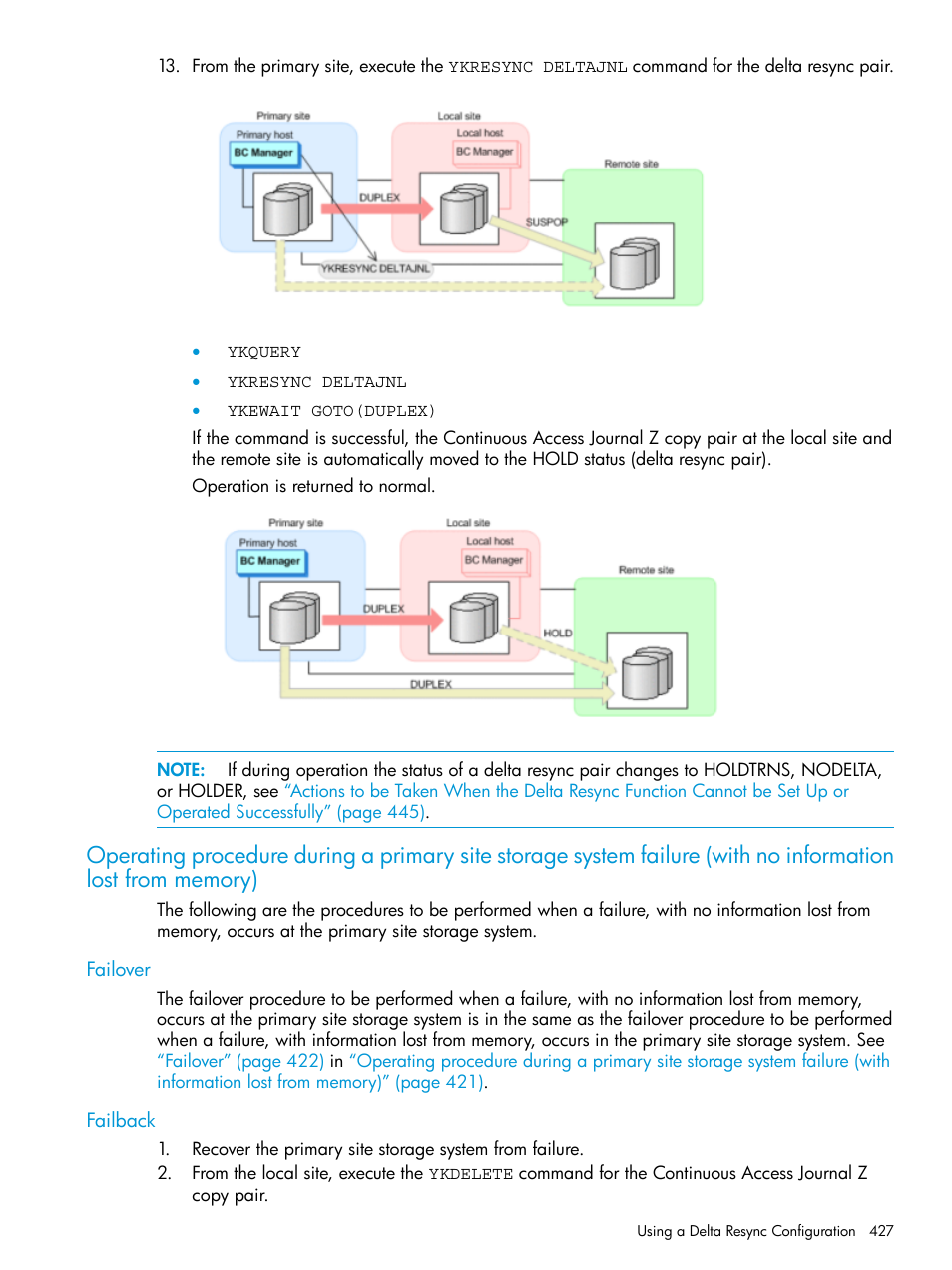 Failover, Failback, Failover failback | Operating procedure during a primary site storage, System failure (with no | HP XP Racks User Manual | Page 427 / 764