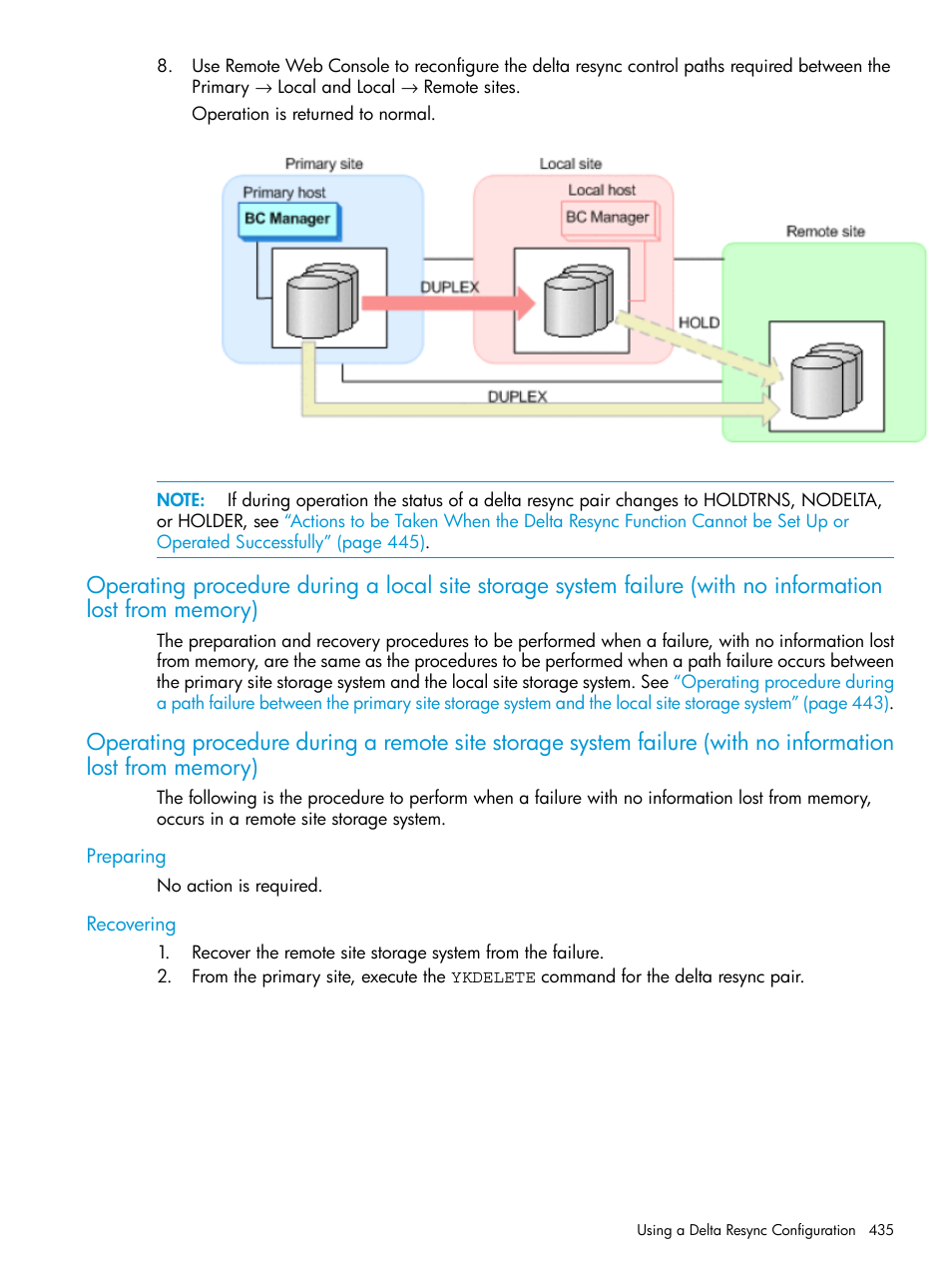 Preparing, Recovering, Preparing recovering | Operating procedure during a local site storage, Operating procedure during a remote site storage | HP XP Racks User Manual | Page 435 / 764
