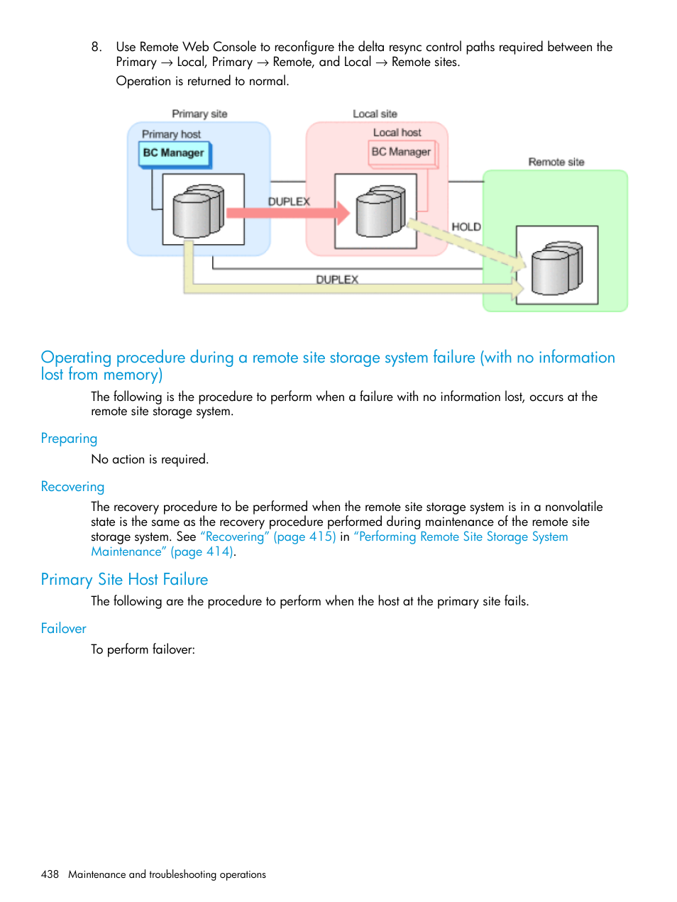 Preparing, Recovering, Primary site host failure | Failover, Preparing recovering, Operating procedure during a remote site storage | HP XP Racks User Manual | Page 438 / 764