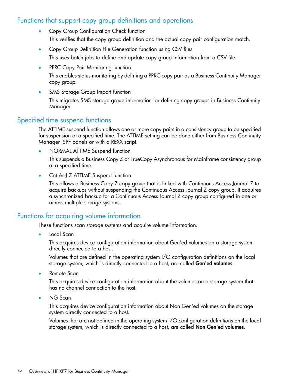 Specified time suspend functions, Functions for acquiring volume information | HP XP Racks User Manual | Page 44 / 764