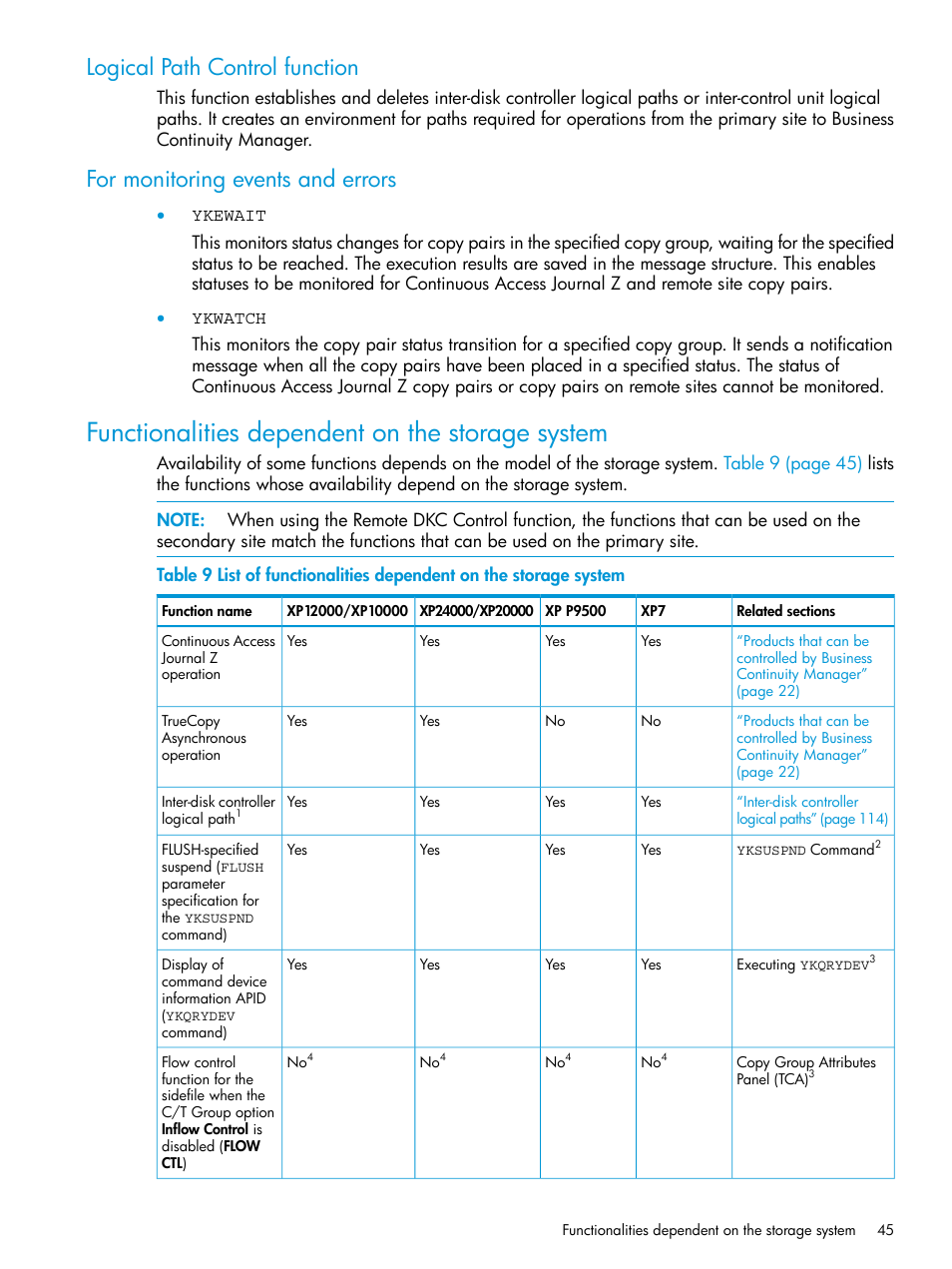 Logical path control function, For monitoring events and errors, Functionalities dependent on the storage system | HP XP Racks User Manual | Page 45 / 764