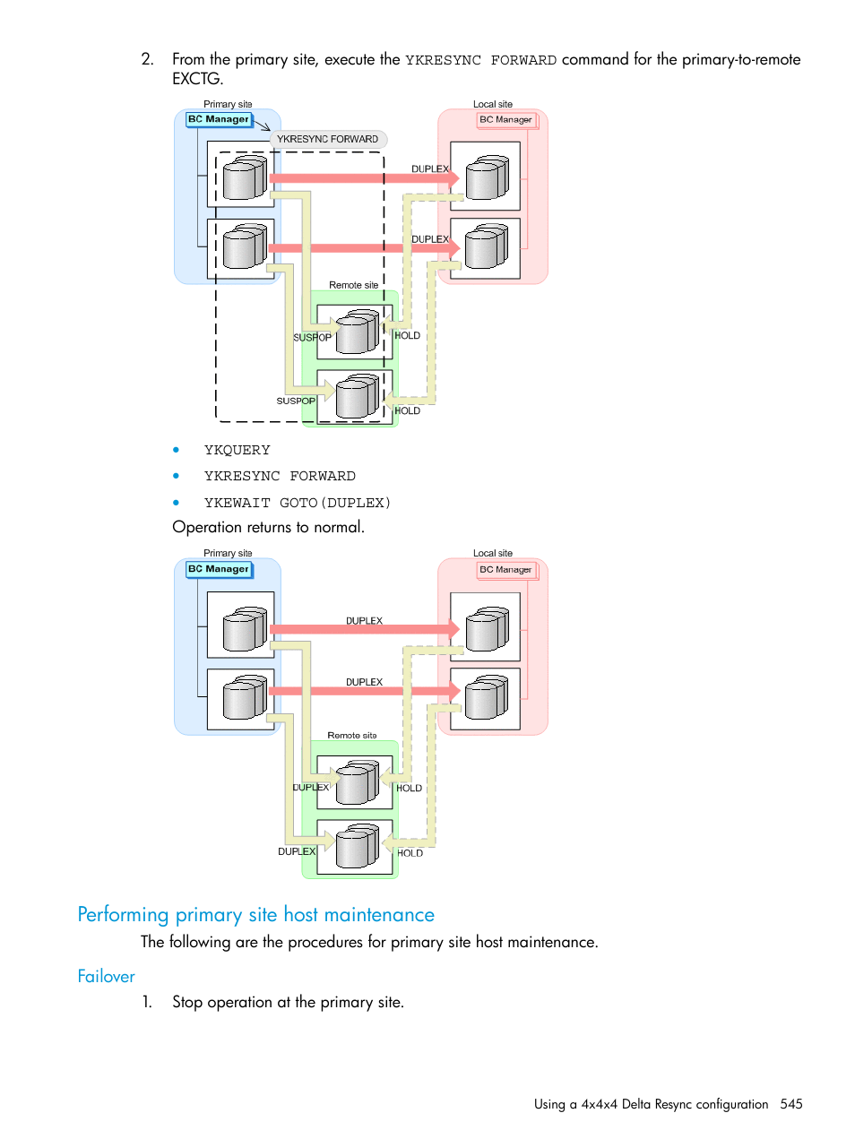 Performing primary site host maintenance, Failover | HP XP Racks User Manual | Page 545 / 764