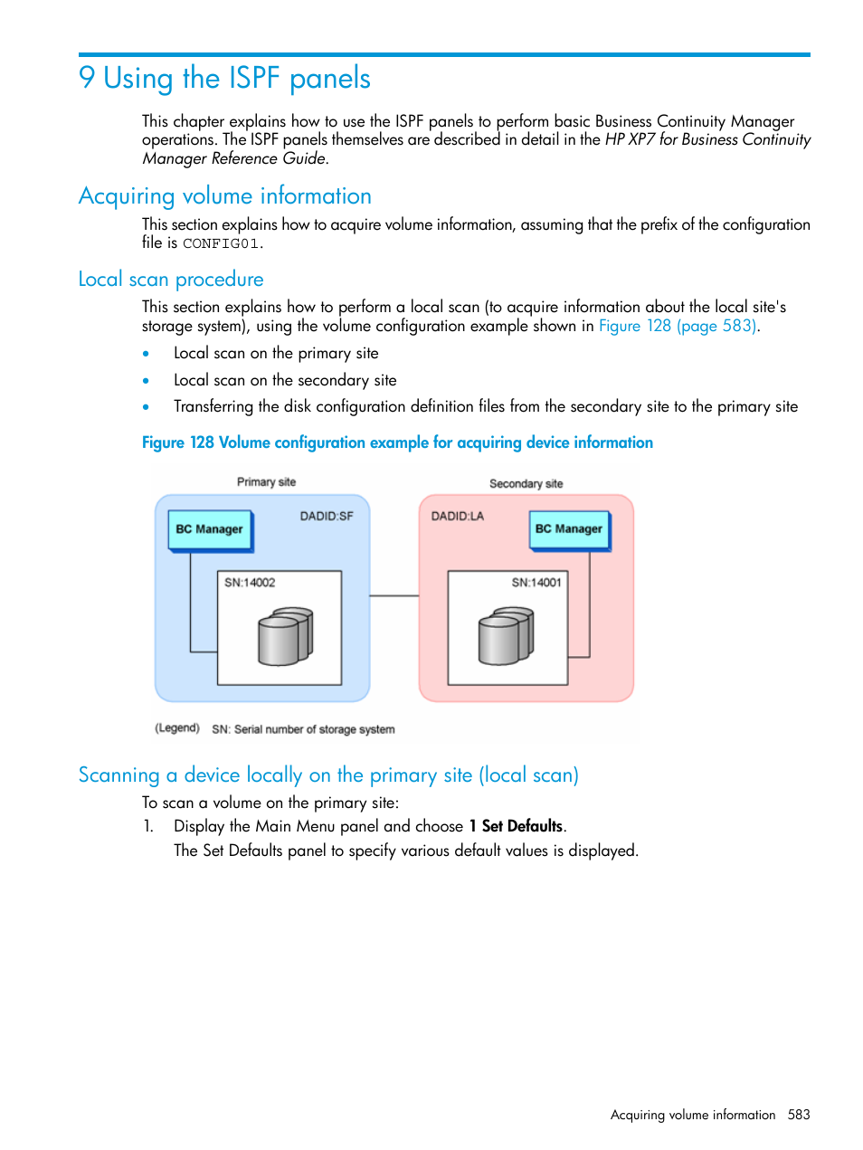 9 using the ispf panels, Acquiring volume information, Local scan procedure | Using the ispf, Acquiring volume, Using the, Acquiring, Local scan | HP XP Racks User Manual | Page 583 / 764