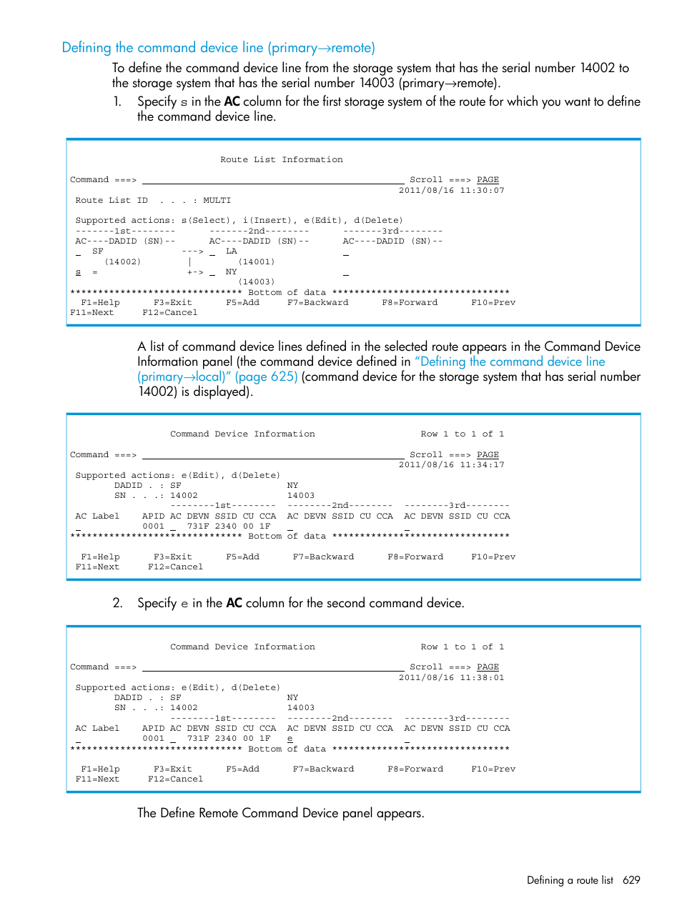 Defining the command device line (primary→remote), Defining the command device line (primary, Remote) | Defining the command device line (primary →remote) | HP XP Racks User Manual | Page 629 / 764