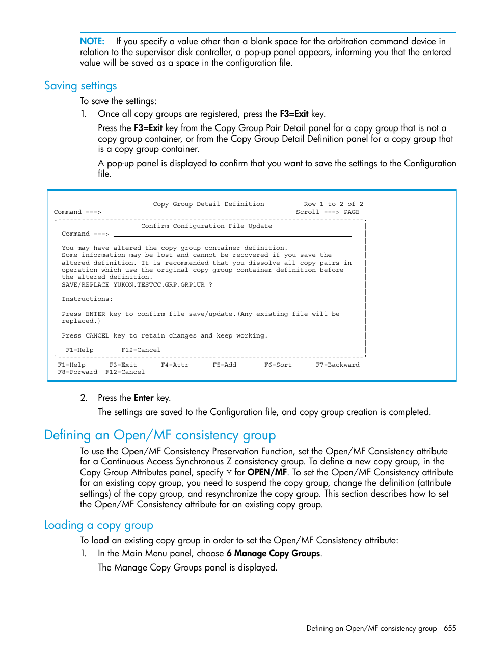 Saving settings, Defining an open/mf consistency group, Loading a copy group | HP XP Racks User Manual | Page 655 / 764