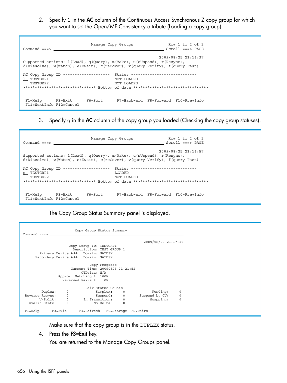 The copy group status summary panel is displayed | HP XP Racks User Manual | Page 656 / 764
