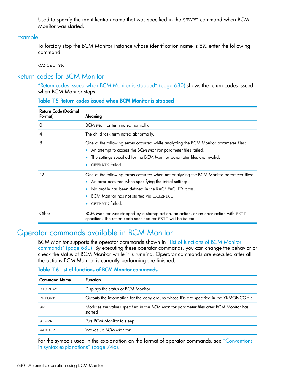 Example, Return codes for bcm monitor, Operator commands available in bcm monitor | HP XP Racks User Manual | Page 680 / 764