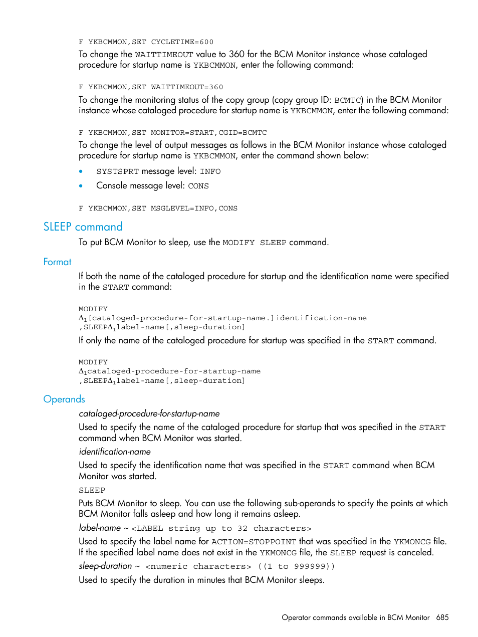 Sleep command, Format, Operands | Format operands | HP XP Racks User Manual | Page 685 / 764
