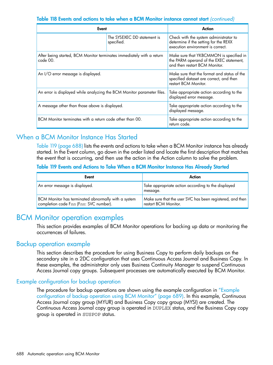 When a bcm monitor instance has started, Bcm monitor operation examples, Backup operation example | Example configuration for backup operation | HP XP Racks User Manual | Page 688 / 764