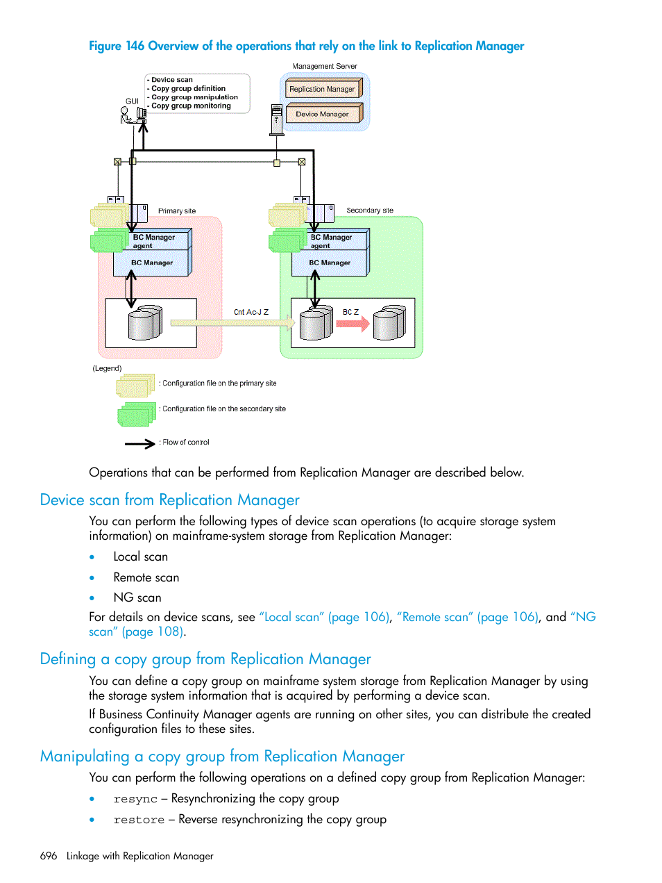 Device scan from replication manager, Defining a copy group from replication manager, Manipulating a copy group from replication manager | HP XP Racks User Manual | Page 696 / 764