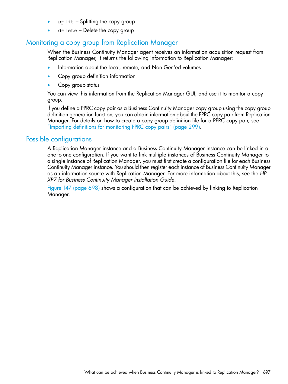 Monitoring a copy group from replication manager, Possible configurations | HP XP Racks User Manual | Page 697 / 764