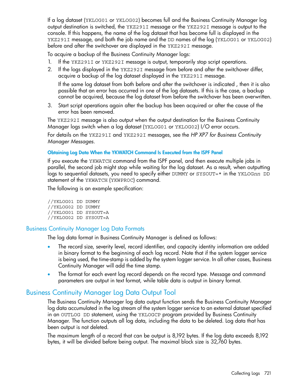 Business continuity manager log data formats, Business continuity manager log data output tool, Business continuity | HP XP Racks User Manual | Page 721 / 764