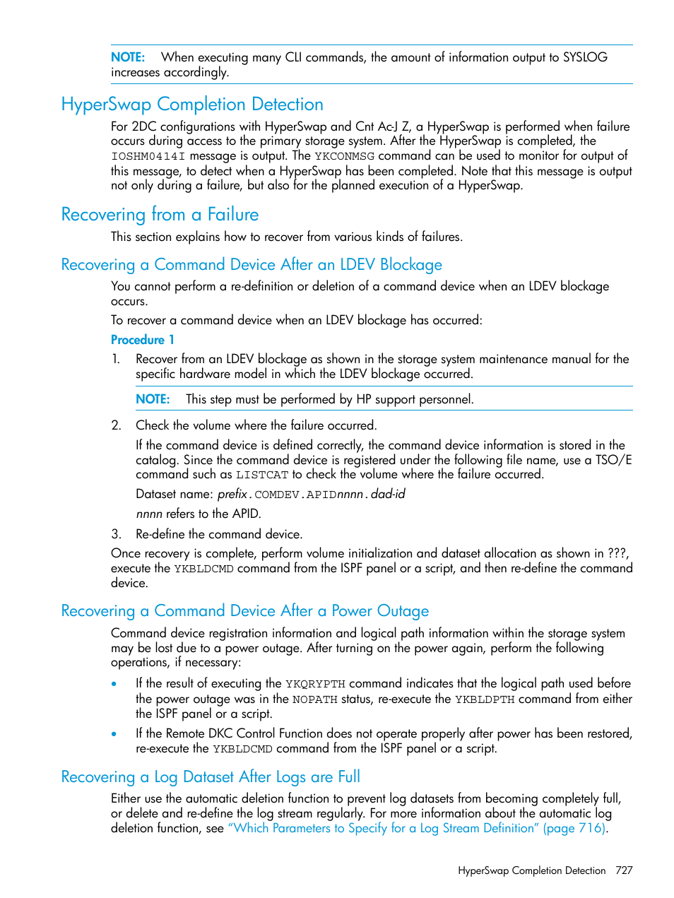 Hyperswap completion detection, Recovering from a failure, Recovering a command device after an ldev blockage | Recovering a command device after a power outage, Recovering a log dataset after logs are full | HP XP Racks User Manual | Page 727 / 764