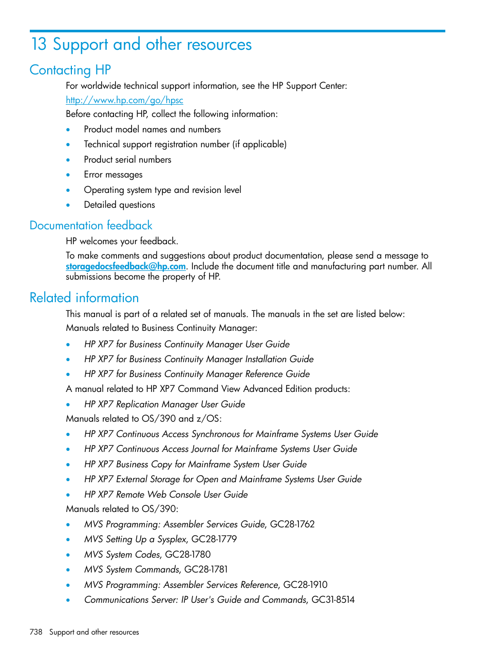 13 support and other resources, Contacting hp, Documentation feedback | Related information | HP XP Racks User Manual | Page 738 / 764