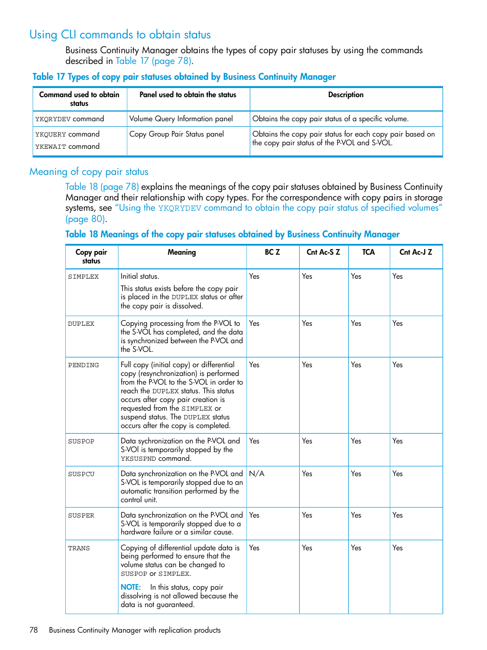 Using cli commands to obtain status, Meaning of copy pair status | HP XP Racks User Manual | Page 78 / 764