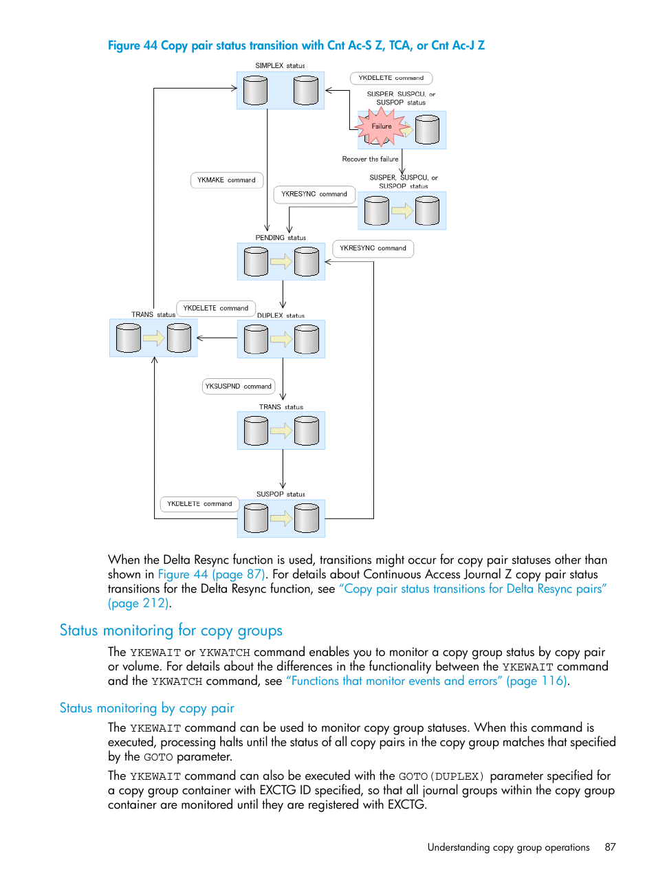 Status monitoring for copy groups, Status monitoring by copy pair | HP XP Racks User Manual | Page 87 / 764