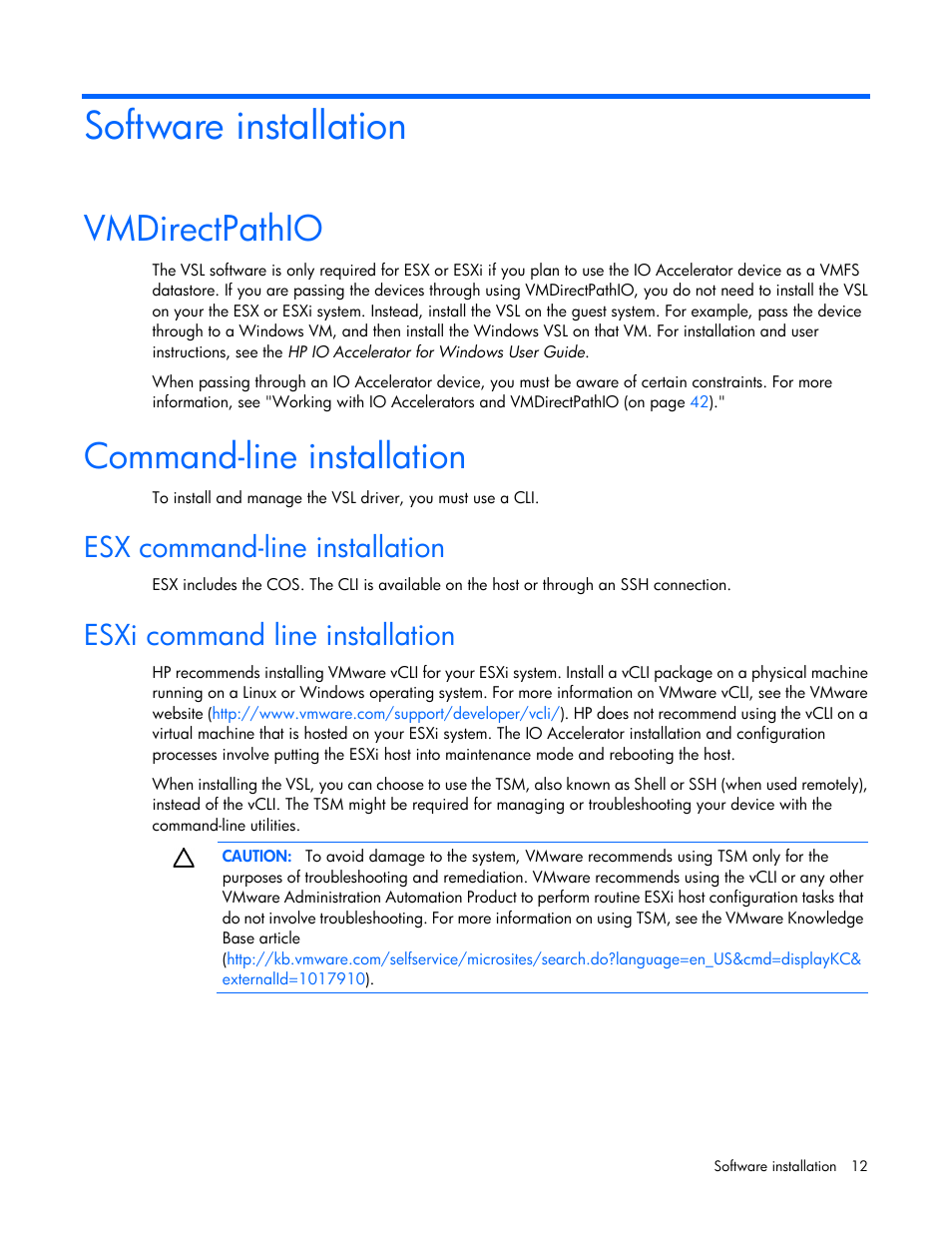 Software installation, Vmdirectpathio, Command-line installation | Esx command-line installation, Esxi command line installation | HP IO Accelerator for BladeSystem c-Class User Manual | Page 12 / 57