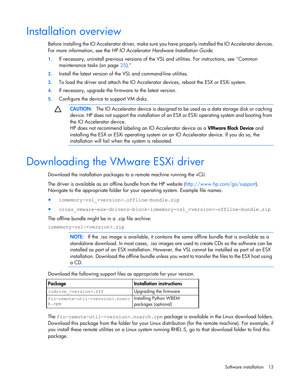 Installation overview, Downloading the vmware esxi driver | HP IO Accelerator for BladeSystem c-Class User Manual | Page 13 / 57