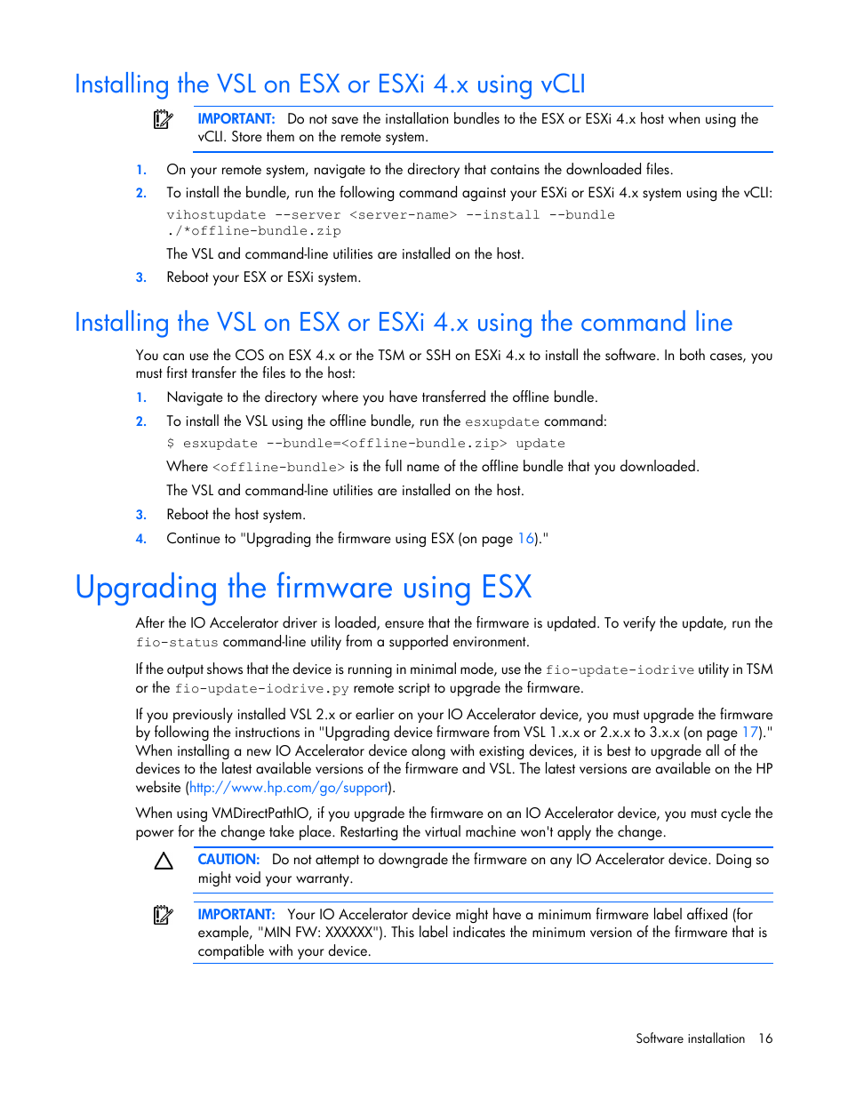 Installing the vsl on esx or esxi 4.x using vcli, Upgrading the firmware using esx | HP IO Accelerator for BladeSystem c-Class User Manual | Page 16 / 57