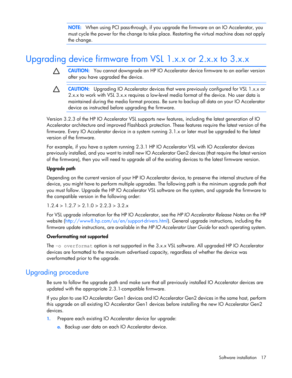 Upgrading procedure | HP IO Accelerator for BladeSystem c-Class User Manual | Page 17 / 57