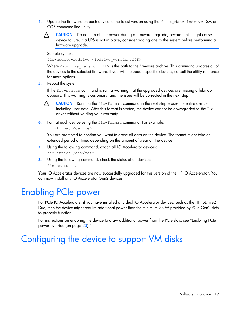 Enabling pcie power, Configuring the device to support vm disks | HP IO Accelerator for BladeSystem c-Class User Manual | Page 19 / 57