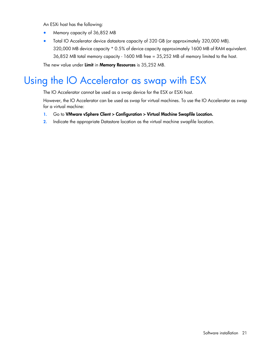 Using the io accelerator as swap with esx | HP IO Accelerator for BladeSystem c-Class User Manual | Page 21 / 57