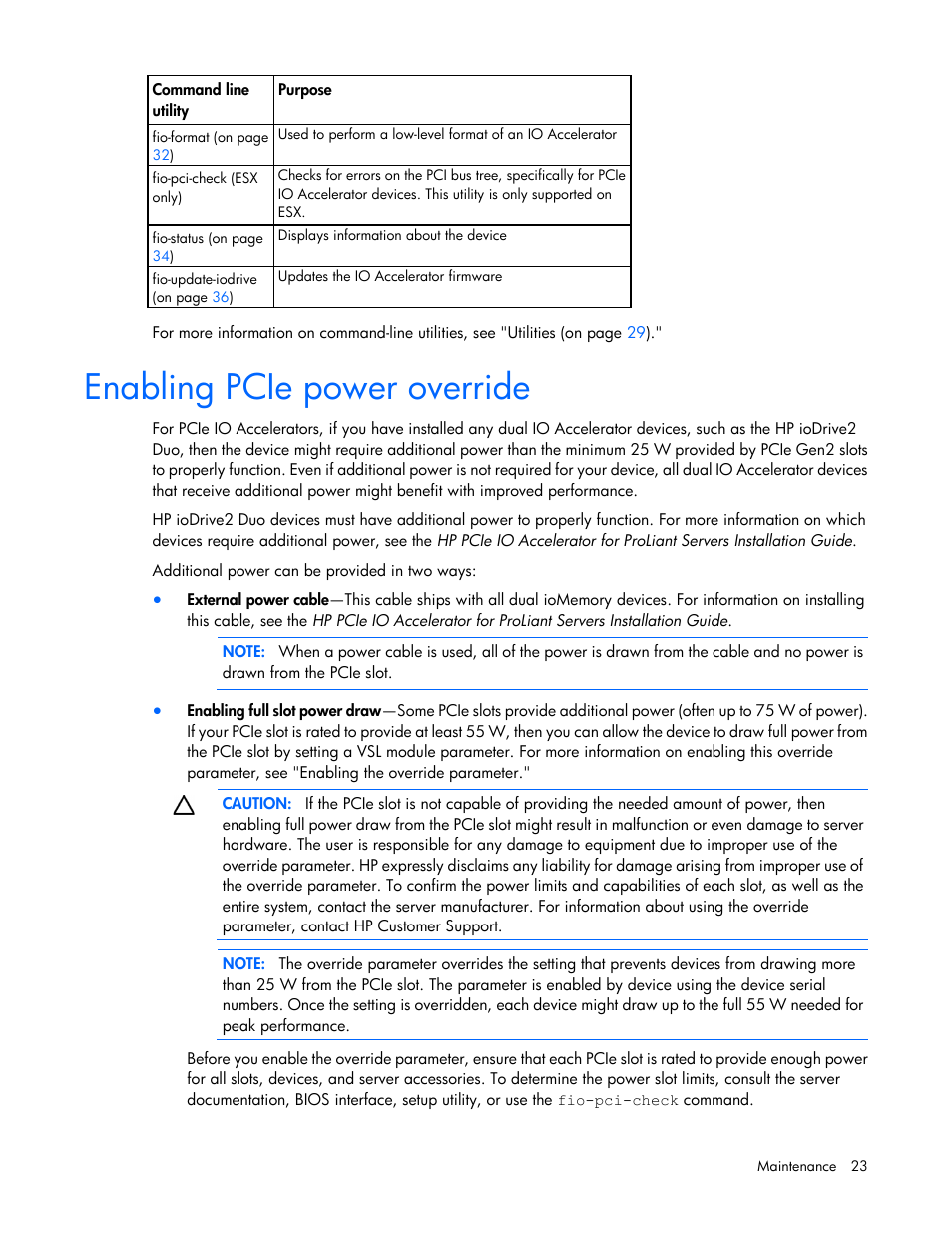 Enabling pcie power override | HP IO Accelerator for BladeSystem c-Class User Manual | Page 23 / 57