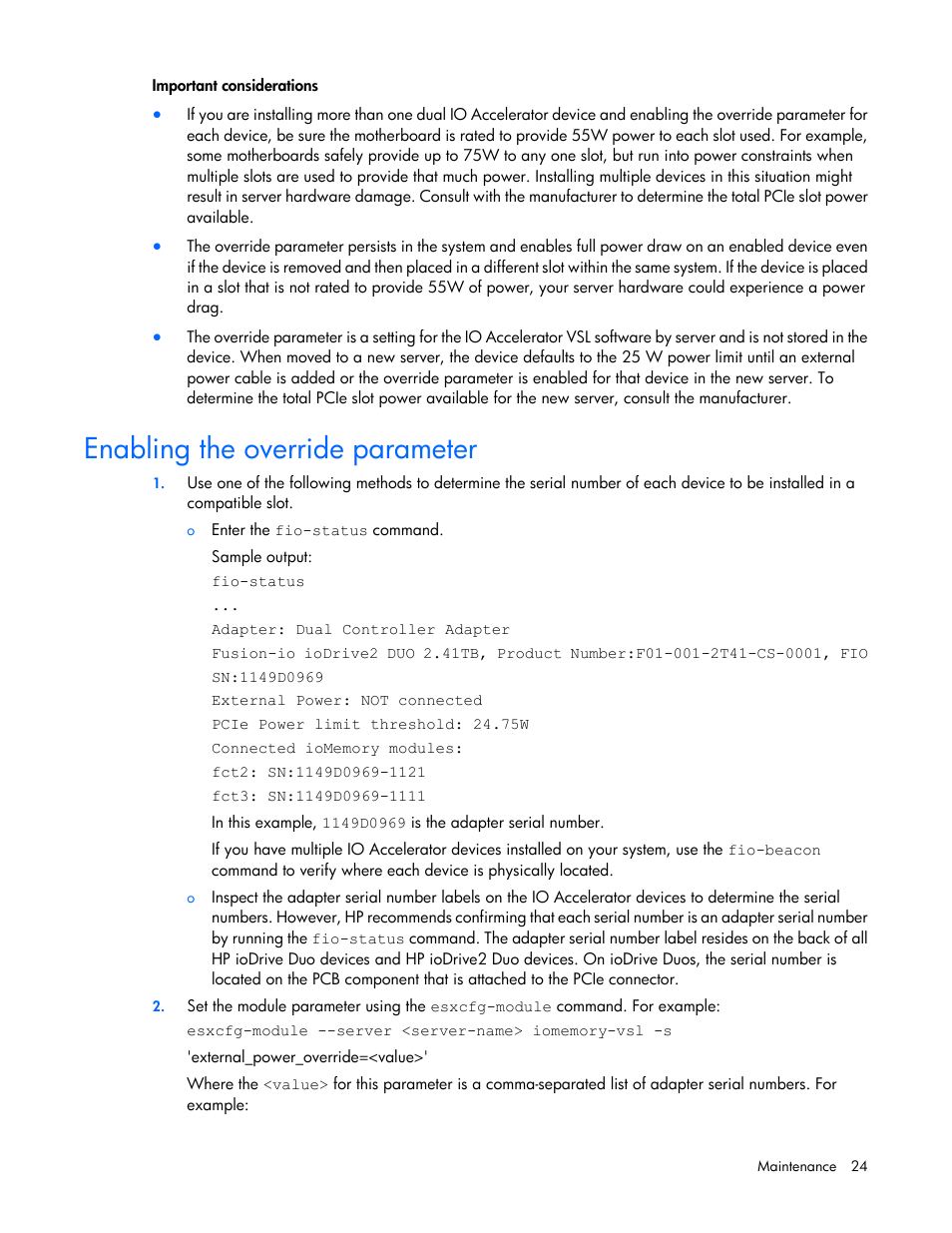 Enabling the override parameter | HP IO Accelerator for BladeSystem c-Class User Manual | Page 24 / 57