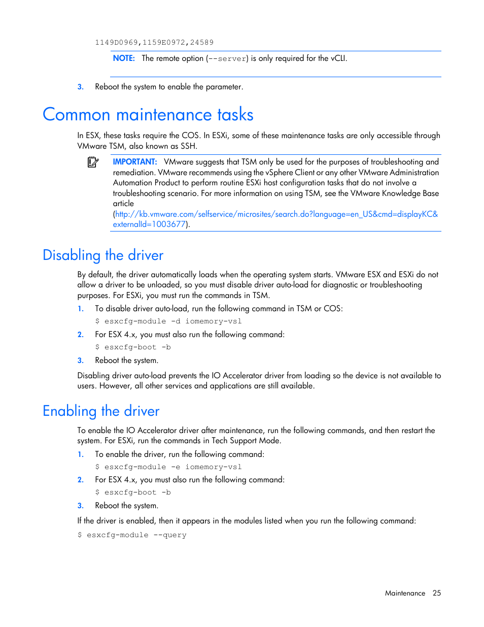 Common maintenance tasks, Disabling the driver, Enabling the driver | HP IO Accelerator for BladeSystem c-Class User Manual | Page 25 / 57