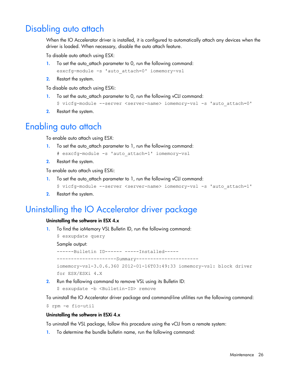 Disabling auto attach, Enabling auto attach, Uninstalling the io accelerator driver package | HP IO Accelerator for BladeSystem c-Class User Manual | Page 26 / 57