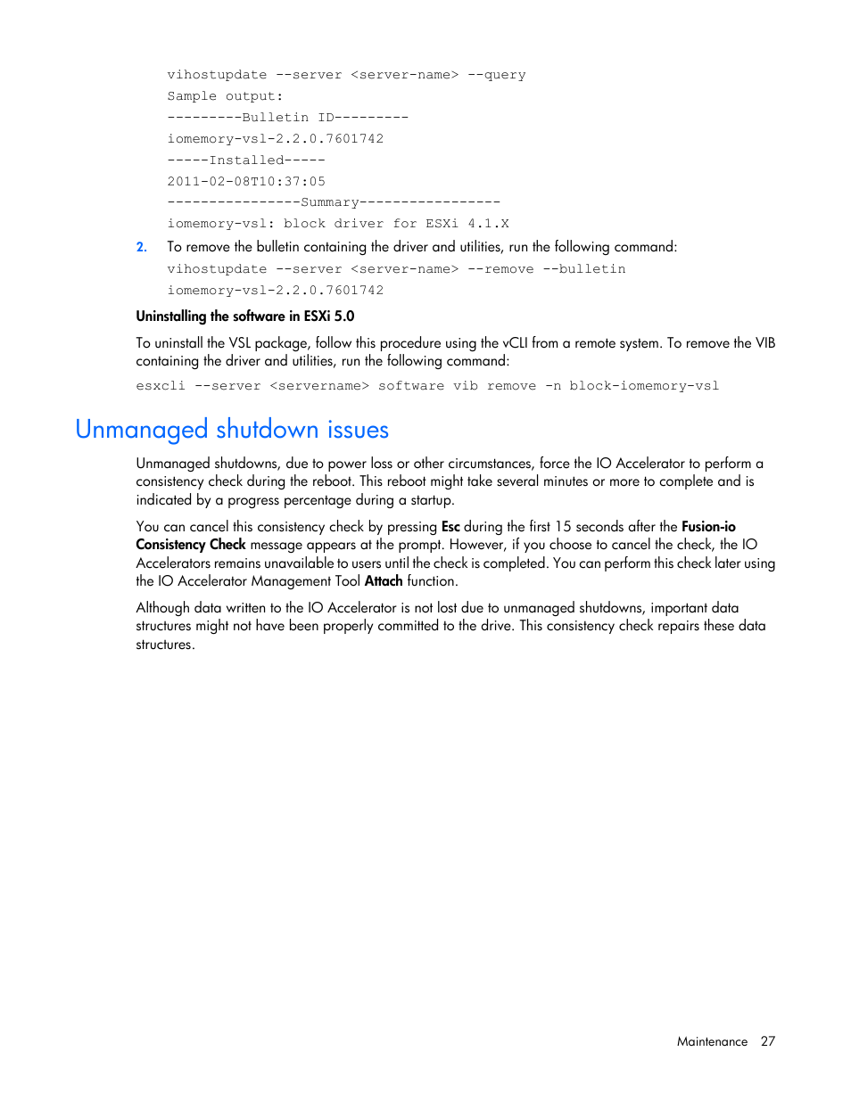 Unmanaged shutdown issues | HP IO Accelerator for BladeSystem c-Class User Manual | Page 27 / 57