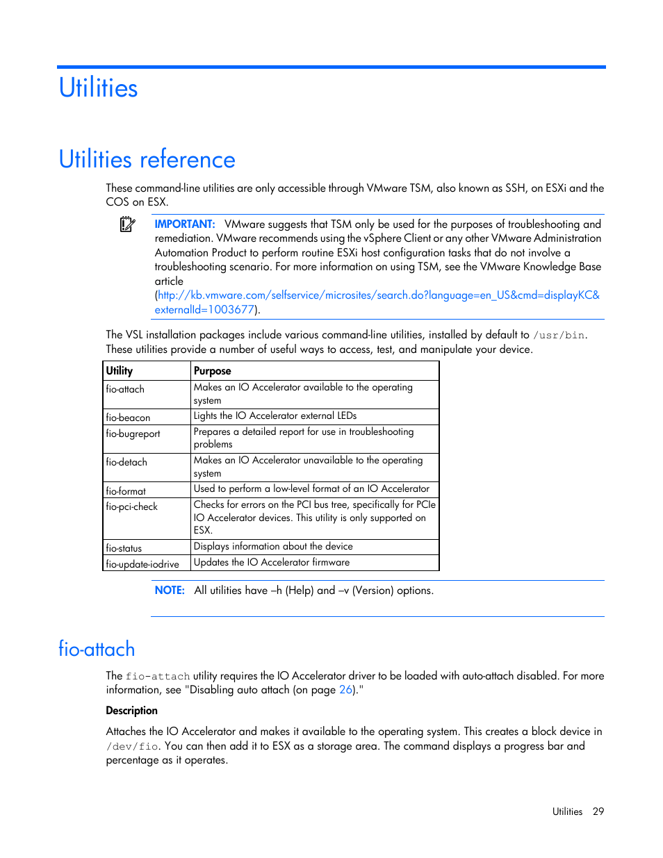 Utilities, Utilities reference, Fio-attach | HP IO Accelerator for BladeSystem c-Class User Manual | Page 29 / 57