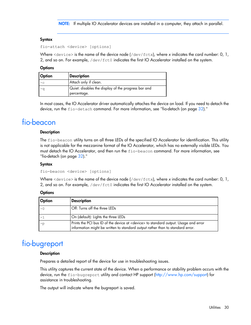 Fio-beacon, Fio-bugreport | HP IO Accelerator for BladeSystem c-Class User Manual | Page 30 / 57