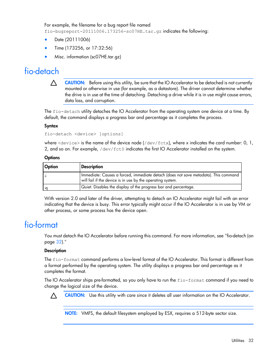 Fio-detach, Fio-format | HP IO Accelerator for BladeSystem c-Class User Manual | Page 32 / 57