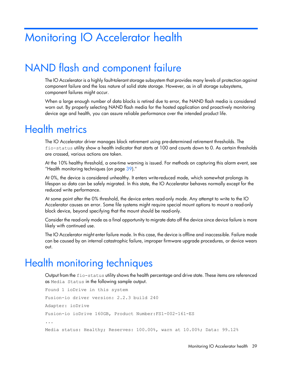 Monitoring io accelerator health, Nand flash and component failure, Health metrics | Health monitoring techniques | HP IO Accelerator for BladeSystem c-Class User Manual | Page 39 / 57