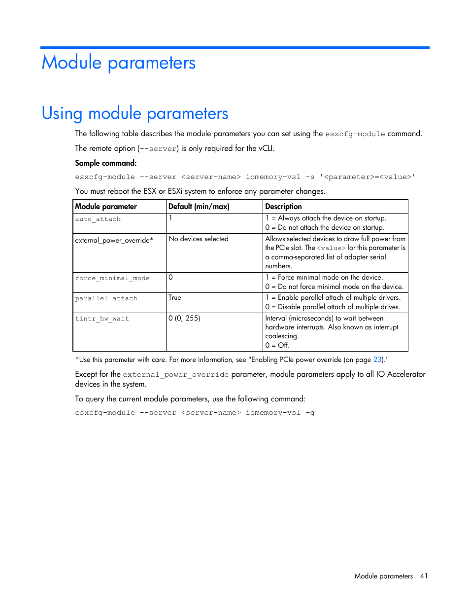 Module parameters, Using module parameters | HP IO Accelerator for BladeSystem c-Class User Manual | Page 41 / 57