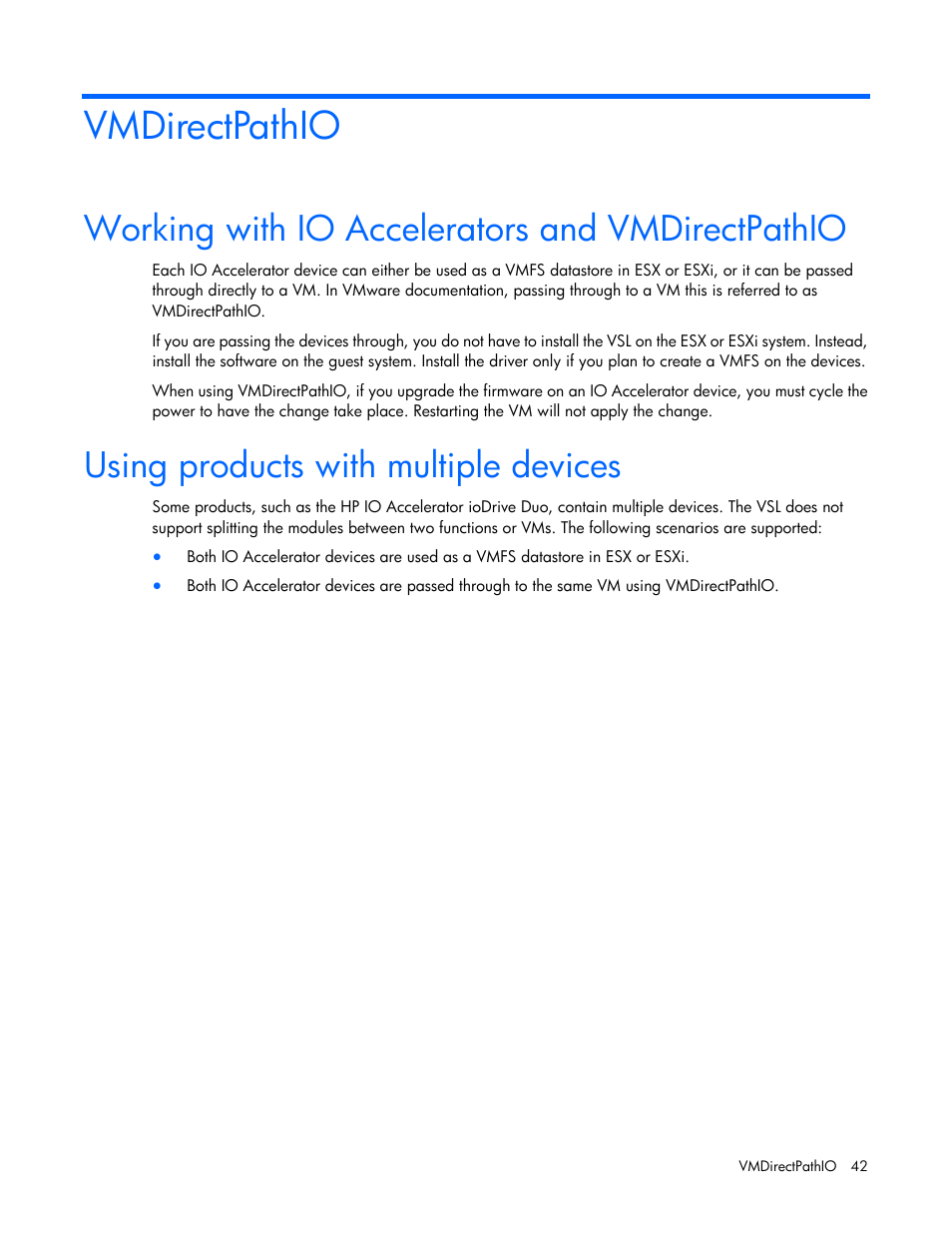 Vmdirectpathio, Working with io accelerators and vmdirectpathio, Using products with multiple devices | HP IO Accelerator for BladeSystem c-Class User Manual | Page 42 / 57