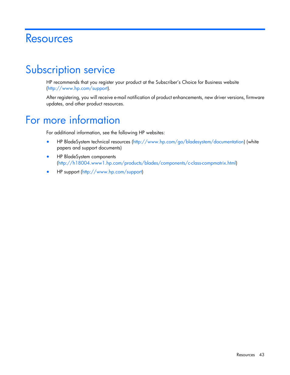 Resources, Subscription service, For more information | HP IO Accelerator for BladeSystem c-Class User Manual | Page 43 / 57