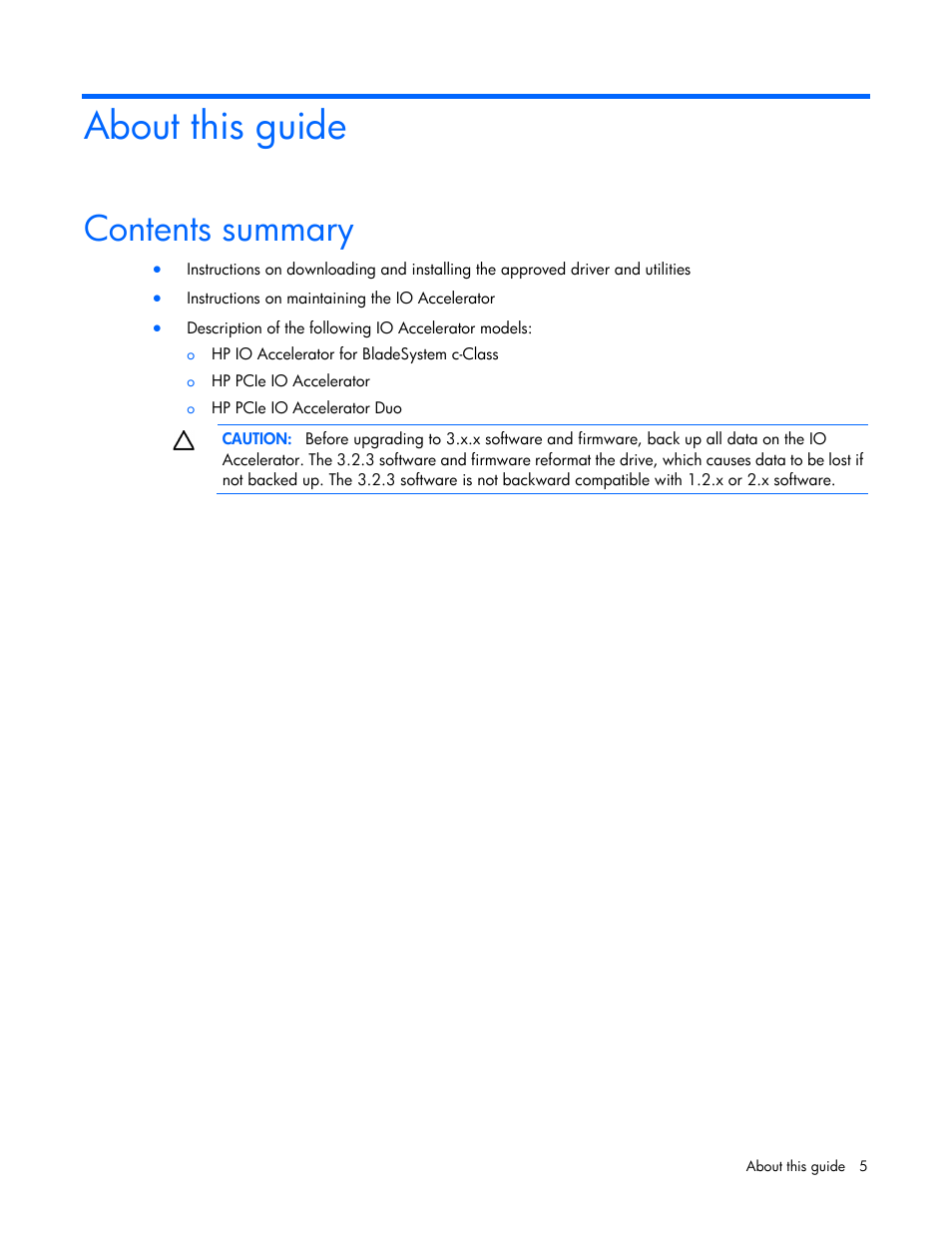 About this guide, Contents summary | HP IO Accelerator for BladeSystem c-Class User Manual | Page 5 / 57